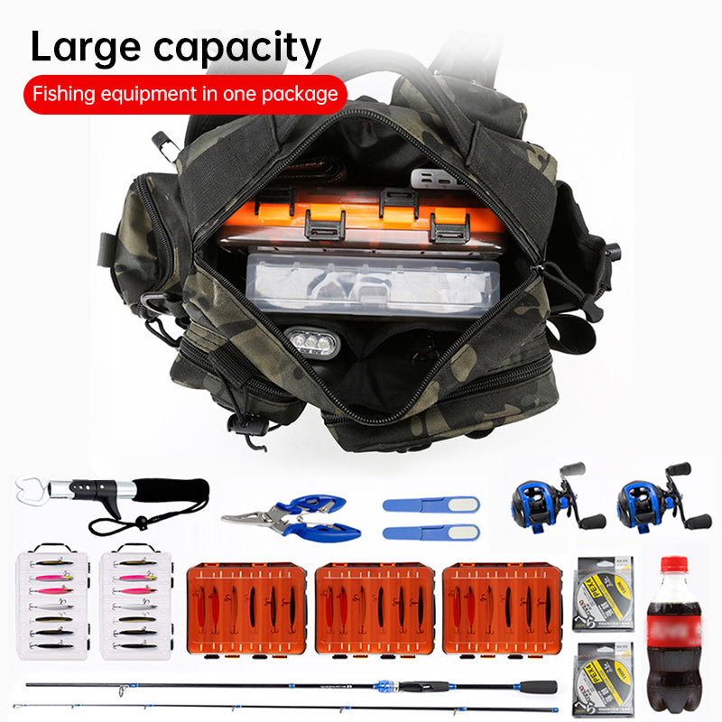 Men's Fishing Backpack: Equipped with bait box, equipment storage bag, pole holder, sling & shoulder bag design.