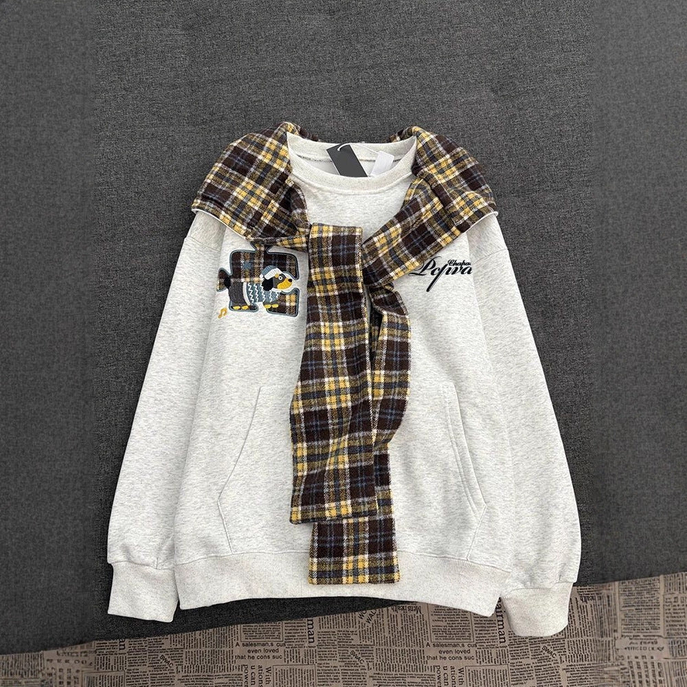 Retro Plaid Shawl Tie Hooded Sweatshirt Women  Loose Lazy Style Fleece Lined Thickened Jacket