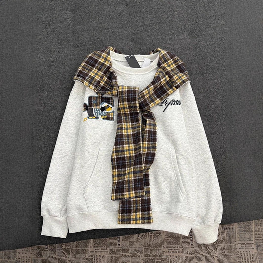 Retro Plaid Shawl Tie Hooded Sweatshirt Women  Loose Lazy Style Fleece Lined Thickened Jacket