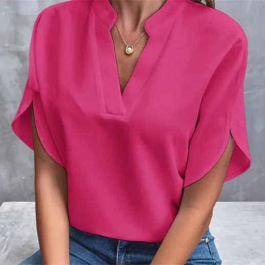 Casual Solid Color V-Neck Loose Shirt Top for Women