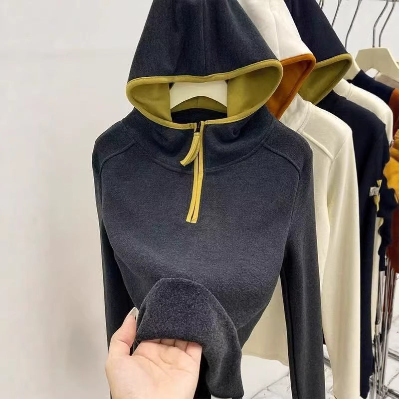 Casual Color-blocked Half-zip Thicken Long Sleeve Hoodie with Fleece Lining for Women