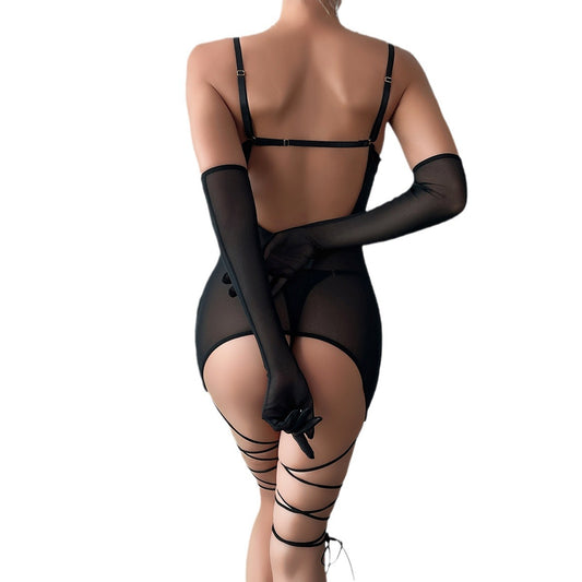 Seductive Lace Lingerie Set with Gloves and Nightwear - Push-Up Underwire Transparent Outfit