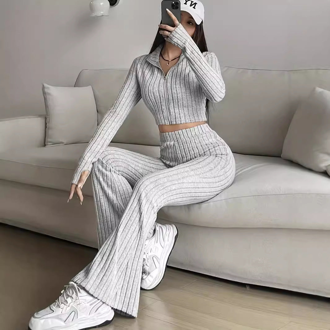 Fashion Solid Ribbed Two-Piece Set, Zip-Up Long Sleeve Cropped Top and High-Waisted Flared Pants Set, Women's Casual