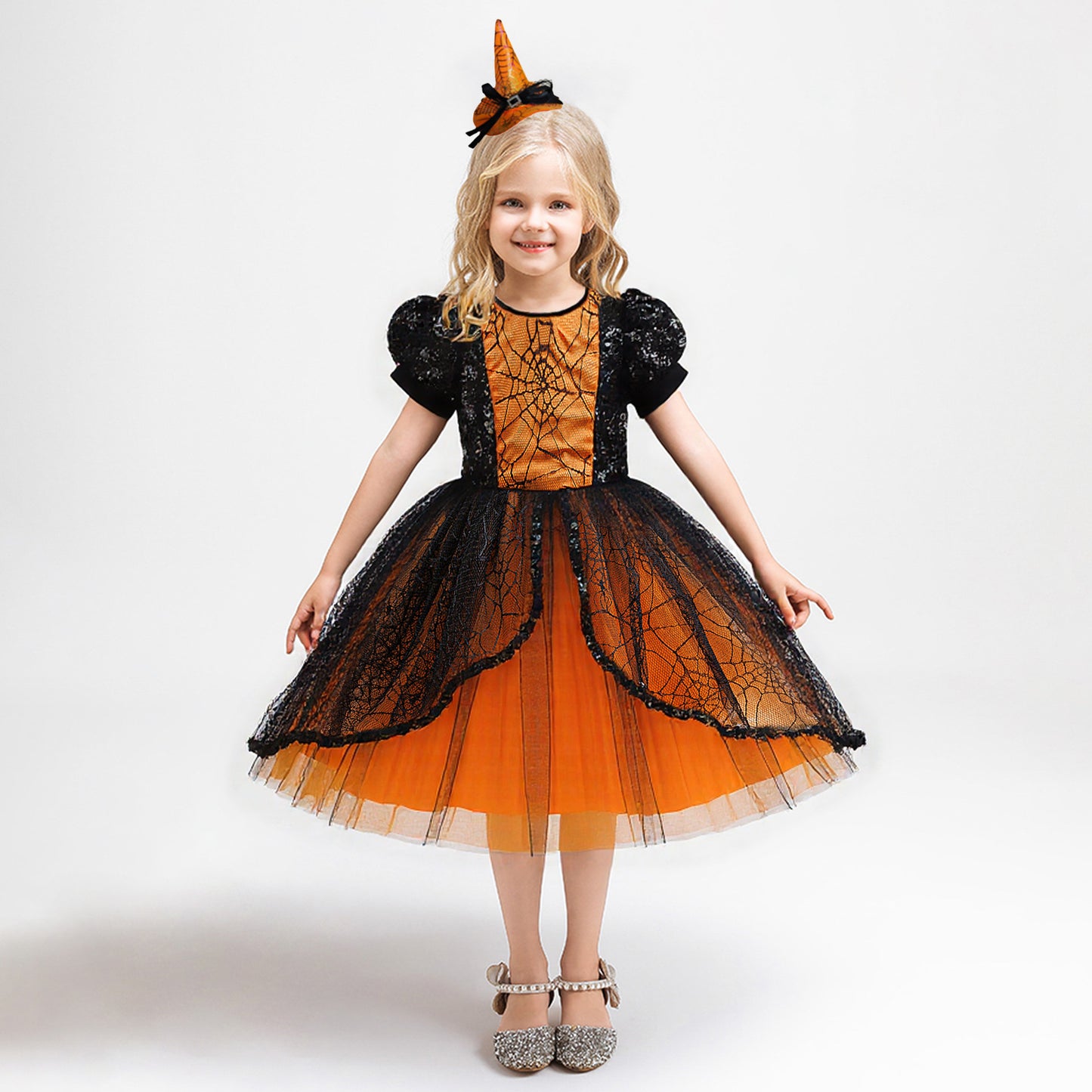 Halloween Girls' Dress with Sequin Spiderweb Tulle Princess Style Cotton Lining Formal Dress