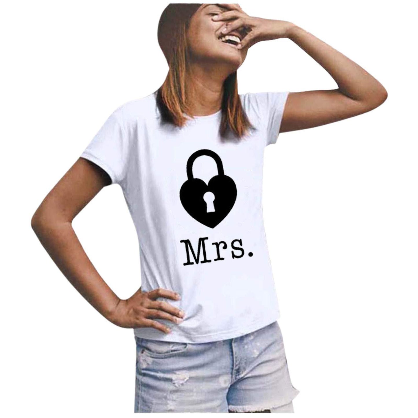 Casual Loose Fit Couple's T-Shirt with Mr Mrs Letter Lock Key Print Short Sleeve