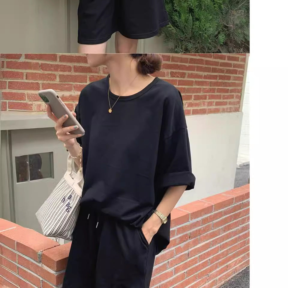 Solid Color Cotton Suit for Women Summer Casual Fashion Two-Piece Set Loose Short Pants Suit