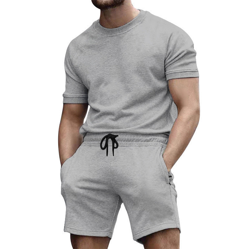 Summer men's short sleeved sports and leisure patchwork round neck fitness suit