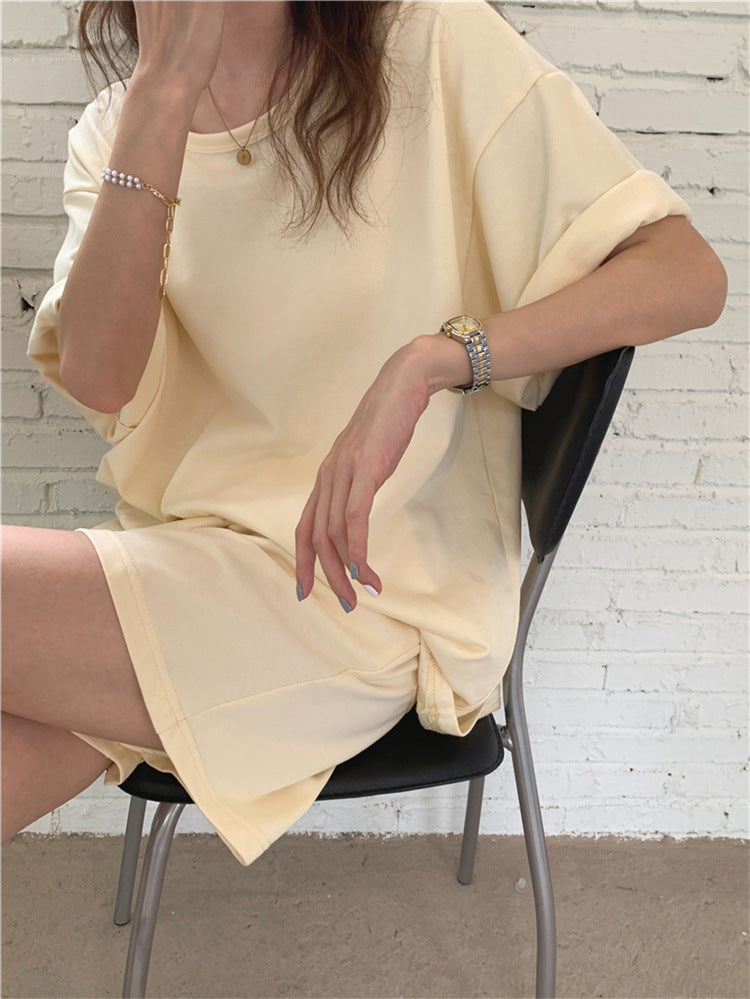 Solid Color Cotton Suit for Women Summer Casual Fashion Two-Piece Set Loose Short Pants Suit