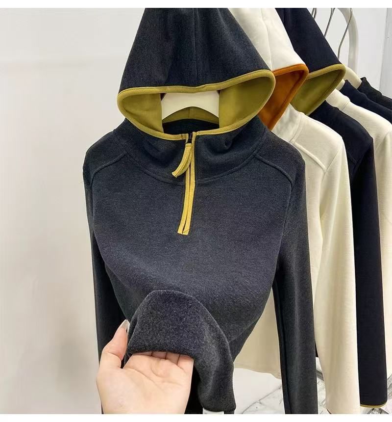 Casual Color-blocked Half-zip Thicken Long Sleeve Hoodie with Fleece Lining for Women