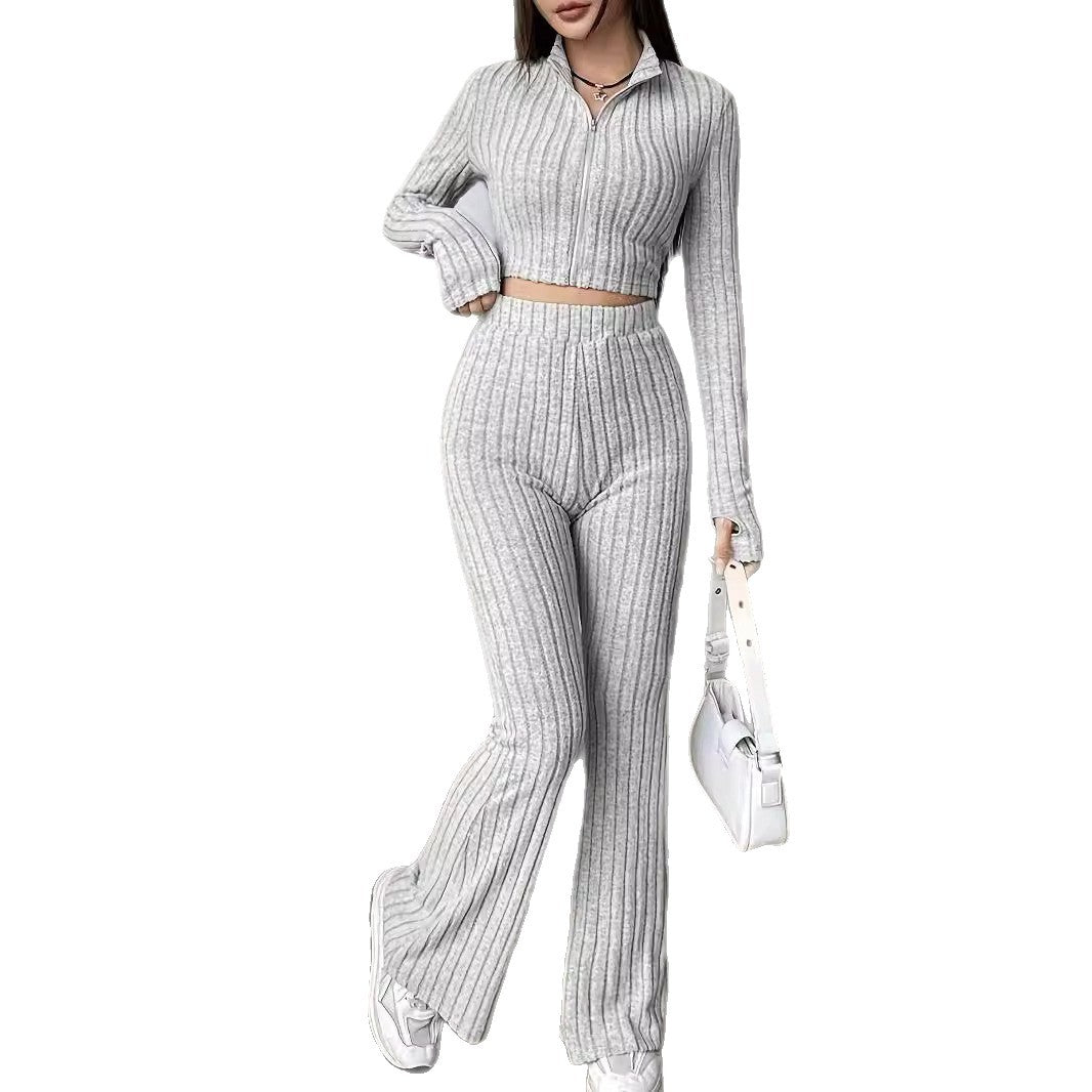 Fashion Solid Ribbed Two-Piece Set, Zip-Up Long Sleeve Cropped Top and High-Waisted Flared Pants Set, Women's Casual