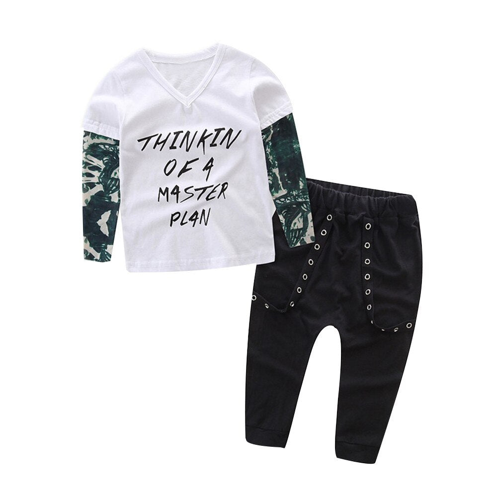 Newborn Infant Baby Boy Letter Tattoo T shirt Pants Outfits Clothes Set