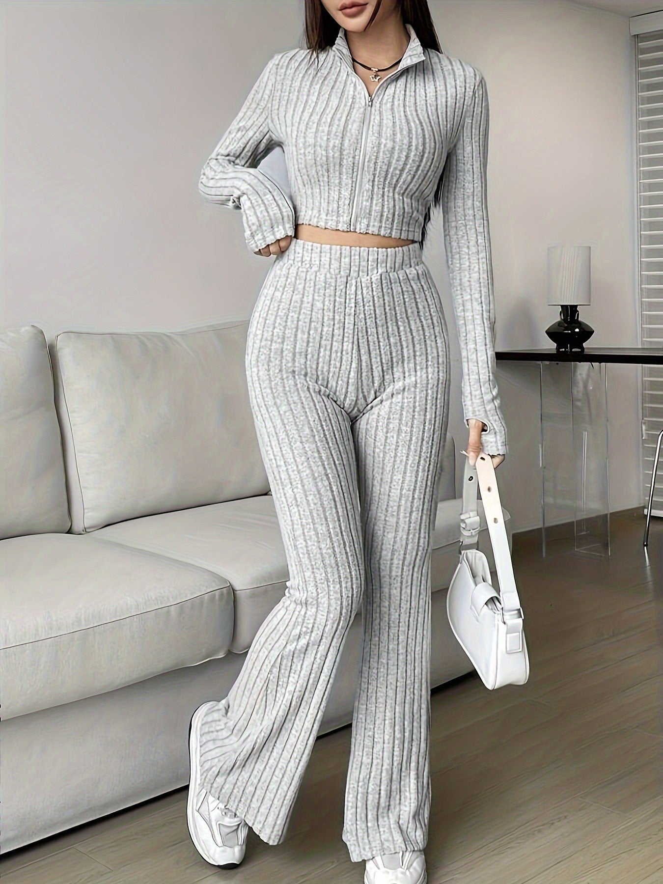 Fashion Solid Ribbed Two-Piece Set, Zip-Up Long Sleeve Cropped Top and High-Waisted Flared Pants Set, Women's Casual
