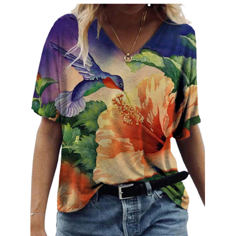 Summer Floral Print Short Sleeve V Neck Women's Loose T-Shirt