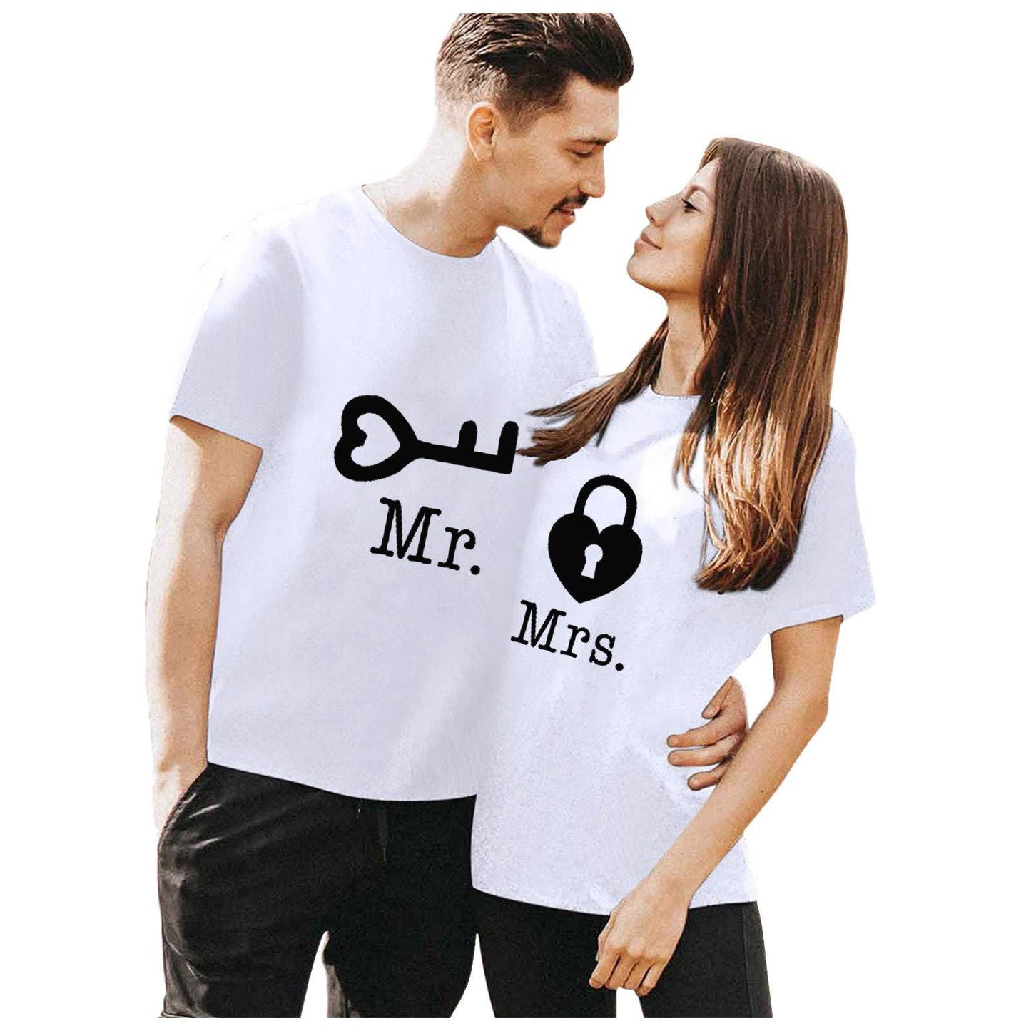 Casual Loose Fit Couple's T-Shirt with Mr Mrs Letter Lock Key Print Short Sleeve