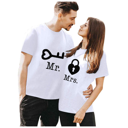 Casual Loose Fit Couple's T-Shirt with Mr Mrs Letter Lock Key Print Short Sleeve