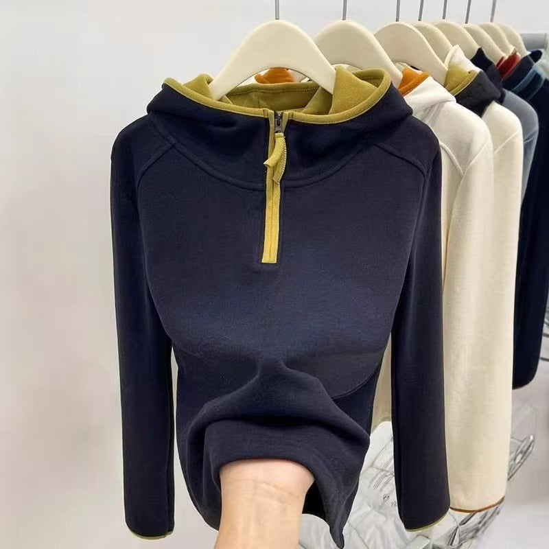Casual Color-blocked Half-zip Thicken Long Sleeve Hoodie with Fleece Lining for Women