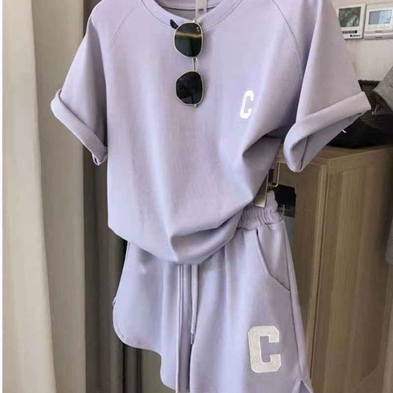 Casual Sports Set Women's Summer Thin Running Fashion Short Sleeve Shorts Two-Piece Milk Silk