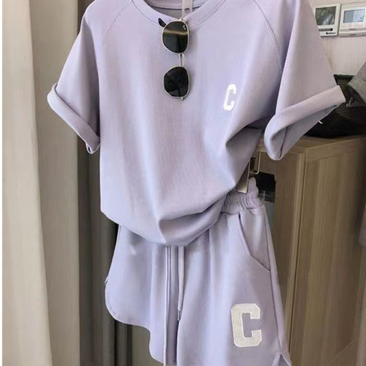 Casual Sports Set Women's Summer Thin Running Fashion Short Sleeve Shorts Two-Piece Milk Silk