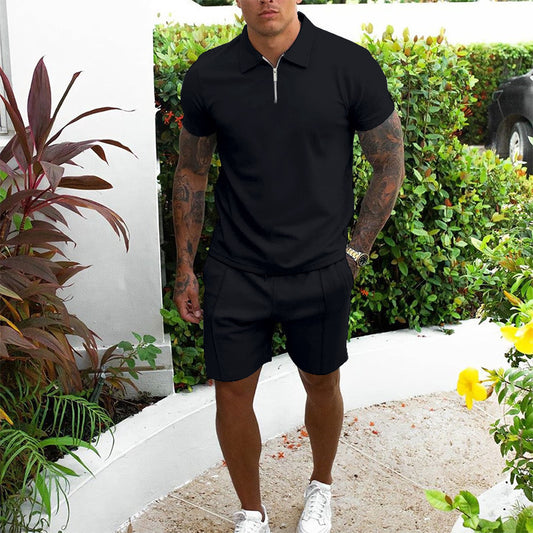 Short sleeved shorts casual suit slim fit men's two-piece set solid color