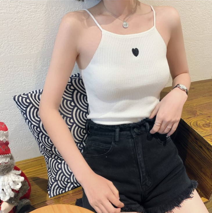 Women  Tops Sleeveless Vest Causal Solid Female Sexy Embroidery Heart  Bottom  Tops Summer