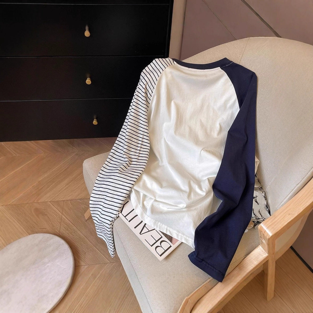 Blue and White Color-block Striped Long Sleeve T-shirt Women