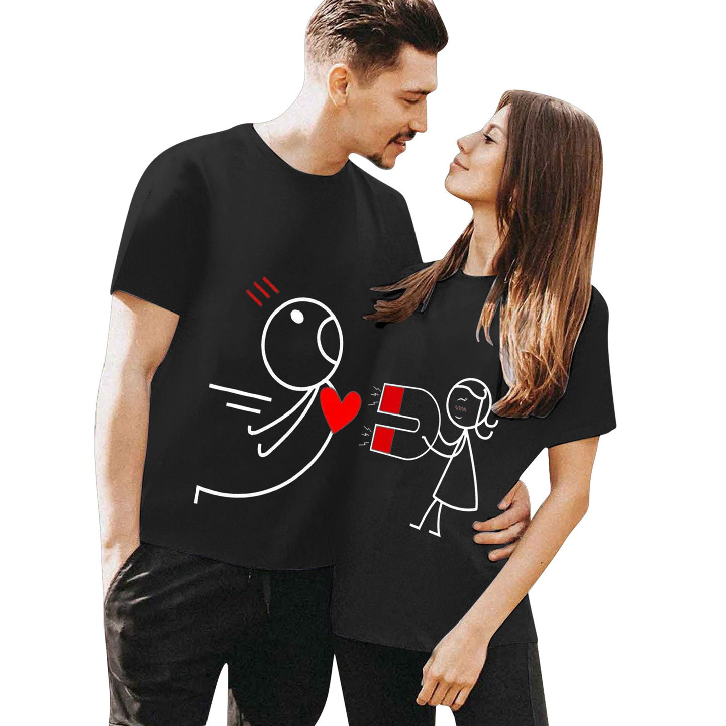 Casual Cartoon Print Couple T-Shirts for Women, European and American Style, Simple Design, Unisex Fashion Top