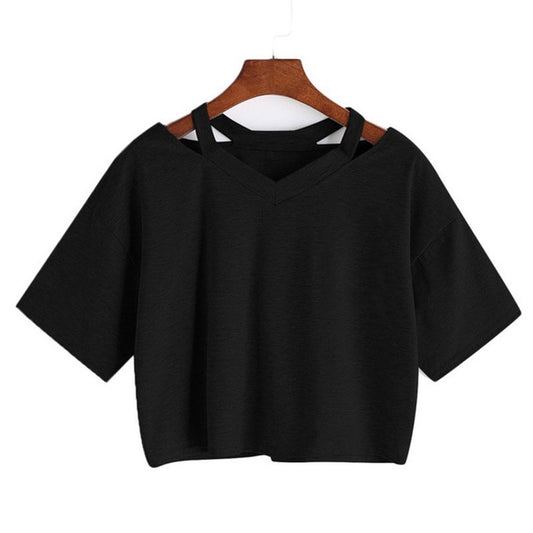 Shoulder Hollow Out Solid Color V-Neck Short Sleeve Loose Daily Women's Top