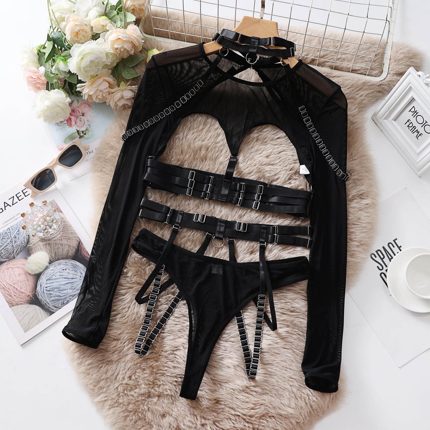 Lingerie Strap Sexy Underwear Splicing Hollow-out Erotic Underwear 5-piece Set Temptation