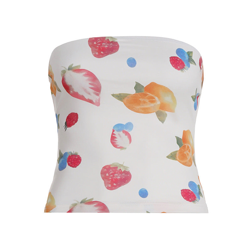 Street Style Vacation Island Shell Print Off-Shoulder Fitted Wrap Crop Top Women's Sexy Tight Versatile Top